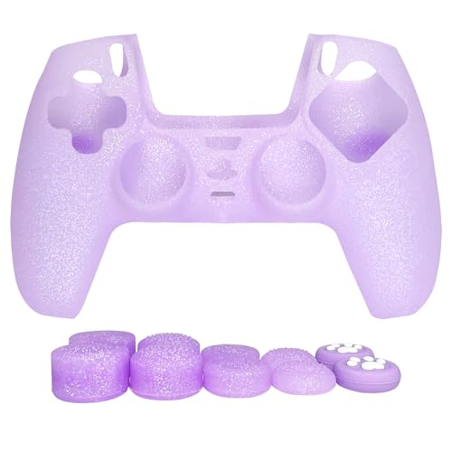 Purple Glitter Anti-Slip Protective Silicone Cover Skin Compatible with PS5/Slim/Pro Controller,8 PCS Glitter Thumb Grips Caps and 2 Grips Caps. - color: Purple
