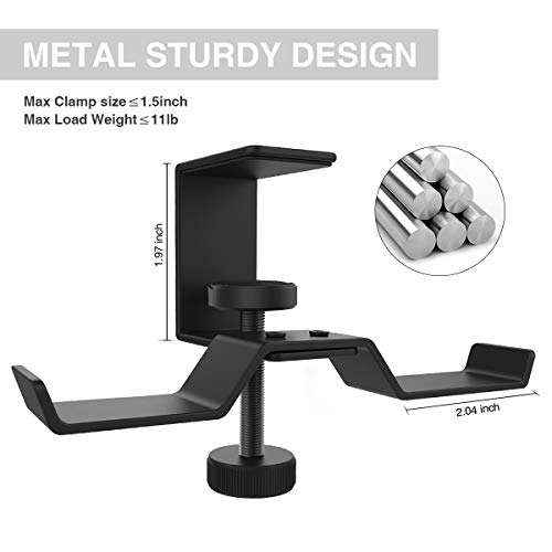 6amLifestyle Under Desk Dual Headphone Hanger, Metal Headset Stand Gaming Earphone Holder Universal Clamp on Desk Hanger Hook for All Headsets, Black (Patent)