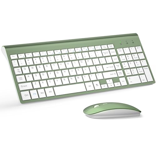 Wireless Keyboard and Mouse Ultra Slim Combo, TopMate 2.4G Silent Compact USB 2400DPI Mouse and Scissor Switch Keyboard Set with Cover, Batteries Included, for PC/Laptop/Windows/Mac - Green White - color: Green White