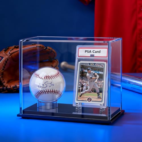 Acrylic Display Case Box for Baseball and Cards, Dual Baseball & Card Showcase with Ball Stand & PSA Slab Holders, Fit Top Loader, One Touch & PSA Sports Memorabilia Protector (Collector Edition)