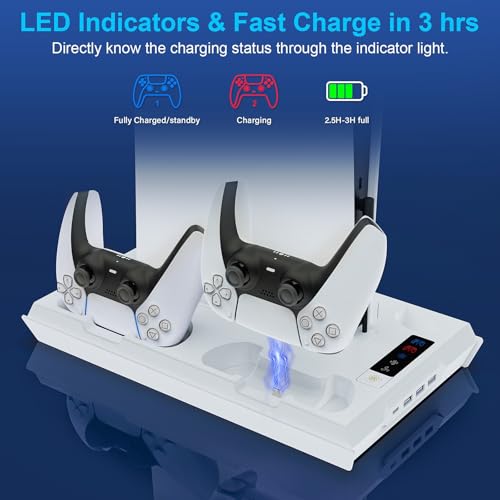 Cooling Station for PS5 with Dual Controller Charging Station, Stand for PS5 Slim Console, Headset Holder, 4 USB Hub & USB-C Port - All-in-One Accessories Organizer, White