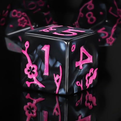 CiaraQ 7pcs Polyhedral Dice Set for Dungeon and Dragons MTG Table Games | Acrylic Role Playing Dice for D&D with Black Velvet Bag – Black Pearl with Pink Numbers & Plum Blossom Patterns - color: Black and Pink Floral Dice
