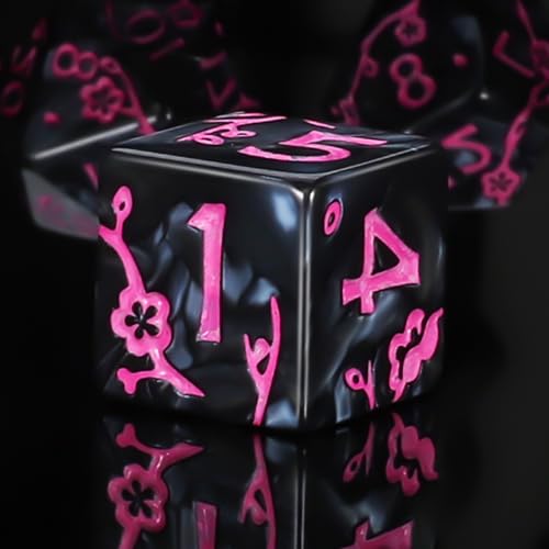 CiaraQ 7pcs Polyhedral Dice Set for Dungeon and Dragons MTG Table Games | Acrylic Role Playing Dice for D&D with Black Velvet Bag – Black Pearl with Pink Numbers & Plum Blossom Patterns - color: Black and Pink Floral Dice