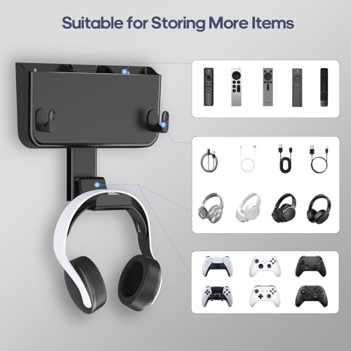 Kytok Adhesive Remote Control Holder Wall Mount with Headset Hanger, 3 in 1 Organizer TV/Fan Remote Caddy with Hook for Headphone, No Drill Controller Storage Bracket, Bed Wall Rack