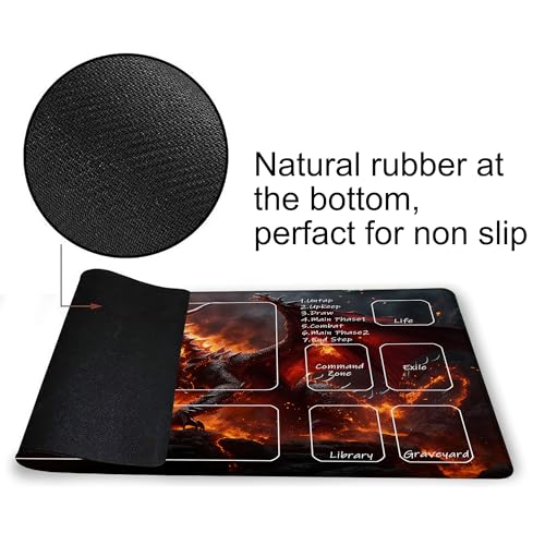 Playmat for MTG The Fire Dragon on the Rock Magic Play Mat 24x14 Inch Card Game Mat for Magic The Gathering TCG PTCG Playmat with Free Storage Bags Non-Slip Backing and Stitched Edge - color: The Fire Dragon on the Rock With Zones