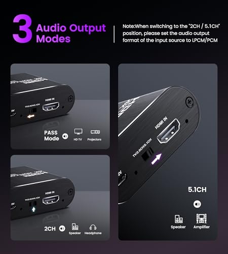 avedio links HDMI eARC/ARC Audio Extractor 4K@60Hz, HDMI to Optical Toslink SPDIF & 3.5mm AUX Stereo Audio Converter Splitter, HDCP 2.2, PCM/DTS 5.1