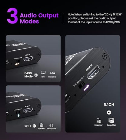 avedio links HDMI eARC/ARC Audio Extractor 4K@60Hz, HDMI to Optical Toslink SPDIF & 3.5mm AUX Stereo Audio Converter Splitter, HDCP 2.2, PCM/DTS 5.1