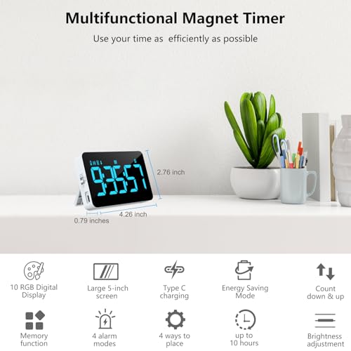 Samshow Rechargeable Digital Kitchen Timer, 2 Packs, Color Change | 10 Dynamic RGB Color, Countdown/Up, 3 Brightness 4 Volume Adjustable, Magnetic, 5" LED Display, For Classroom/Home/Classroom - color: Rgb
