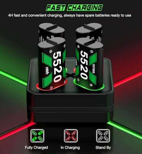 DINOSTRIKE Rechargeable Battery Pack & Charger Station for Xbox Series X|S, Xbox One Controllers - Includes 4 Battery Packs for Xbox with USB-A & USB-C Charging