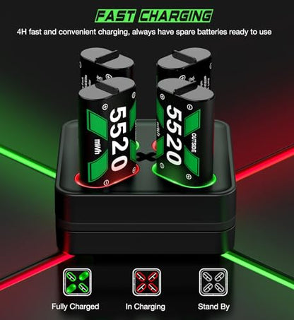 DINOSTRIKE Rechargeable Battery Pack & Charger Station for Xbox Series X|S, Xbox One Controllers - Includes 4 Battery Packs for Xbox with USB-A & USB-C Charging