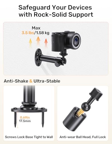 Microphone Wall Mount Bracket with Swivel Mini Ball Head, Mic Wall Mount Flange Base, 5/8" to 3/8" & 1/4" Mic Stand Adapter, Extension Tube Kit - Compatible with Camera, Microphones, Lights, Webcam