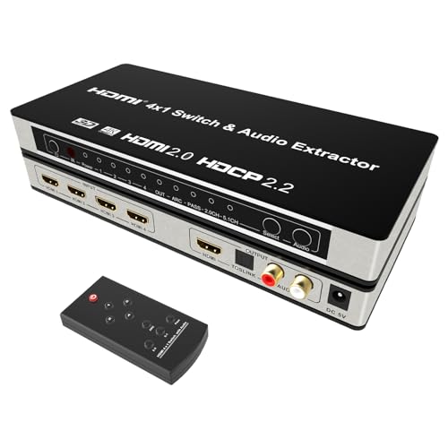 KAGO 4x1 HDMI Switch with Audio Extractor & eARC, 4K@60Hz HDR10, 4 in 1 Out HDMI Switcher with Optical Toslink, RCA L/R & HDMI Audio Out, Supports Dolby Atmos DTS:X, HDCP 2.2 for PS5, Xbox, Apple TV - size: audio 4 ports