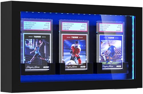TJ.MOREE 3 Slot LED Lighted Baseball Graded Card Display Case, Black Wood | Fits Football, Basketball & Hockey Trading Card Collection - size: 3 Cards