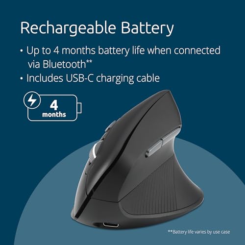 Kensington MY630 EQ Wireless Rechargeable Mouse, Ergonomic Vertical Design, Bluetooth LE, 2.4GHz, Black (K72484NA) | Ergonomic vertical design, Bluetooth LE and 2.4GHz connection, rechargeable battery - size: Full-Size