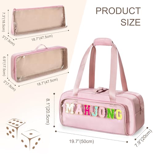 Yarwo 3 PCS Mahjong Bag Empty, Clear American Mahjong Tiles & Rack Bags Set | Zippered Game Storage with Mahjong Mat Strap and Sewn Chenille Letter for Mahjong Tiles, Racks & Pushers, Case Only, Pink - color: Pink