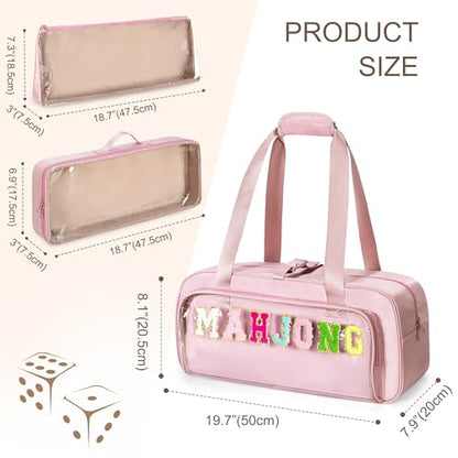 Yarwo 3 PCS Mahjong Bag Empty, Clear American Mahjong Tiles & Rack Bags Set | Zippered Game Storage with Mahjong Mat Strap and Sewn Chenille Letter for Mahjong Tiles, Racks & Pushers, Case Only, Pink - color: Pink