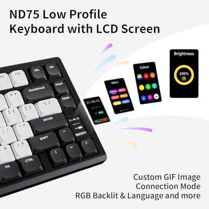 OOCTPK Mechanical Keyboard, Chilkey ND75 LP Wireless Gaming Keyboard with LCD Screen, Bluetooth 5.3/2.4G/USB-C, Hot Swappable Per-Key RGB Custom, Thin Front, Wrist Rest, Full-Aluminum, PC/Mac Support - color: Black