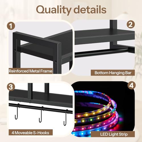 HOOBRO Gaming Floating Shelves with LED Lights, 28.7" LED Wall Mounted Shelf, 4-Tier Floating Wall Shelf for Storage, Display Rack with Hanging Bar and 4 S Hooks, for Gaming Room, Black BB37DBJ01 - color: Black