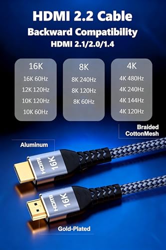 Avaoaa 16K HDMI Cable 2.2 96Gbps 1.6FT, Ultra High Speed Cable Support 8K/4K 240Hz 144Hz 120Hz 60Hz eARC HDR10+ HDCP2.3 HDMI Cord Compatible with PS5/Xbox/Switch 2/Roku TV/Mac Monitor Laptop Blu-ray - size: 1.6 ft（0.5M）