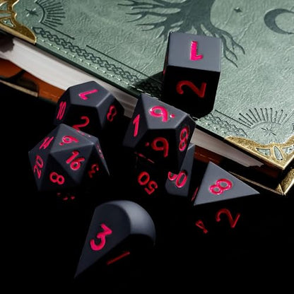 7-Piece Jumbo Silicone DND Dice Set, 25mm Oversized D&D Dice | Round Edges Soft Perfect Bouncer Compatible with Dungeons and Dragons RPG Bar Pub Club Party Games - color: Black W/Red Numbers