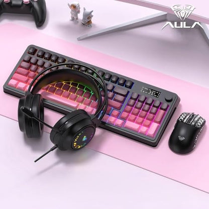 AULA S99 Pro Keyboard, Wireless Keyboards with Media Knob Custom RGB Backlit, 3-Modes BT/2.4G/USB-C Membrane Gaming Creamy Keyboard for Windows/MAC/PC Gamer - Black Pink - color: Black Pink