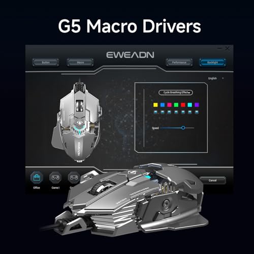 EWEADN G5 Wired Gaming Mouse with Adjustable Tail, 12800 DPI Programmable Computer Mouse with RGB Backlit, 9 Macro Buttons, Rapid Fire Key & Aluminum Base Ergonomic PC Mice for Laptop, PC-Grey&White - color: Black&Grey