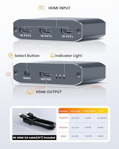 HDMI Switch 3 in 1 Out, 4K@60Hz Aluminum Alloy 【with 4FT HDMI 2.0 Cable】 | HDMI Splitter Switch supports HDCP2.2 and HDR10, compatible with PS5, Fire TV Stick, Xbox, PC and Projector