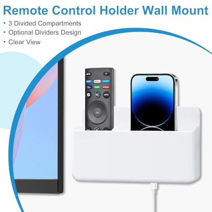 3 Slot Adjustable Remote Holder Wall Mount, TV Controller Holder Hollow Bottom Slot Easy Phone Charging, Adhesive Remote Control Holder, Wall Pen Holder for Office School Home (White) - color: White