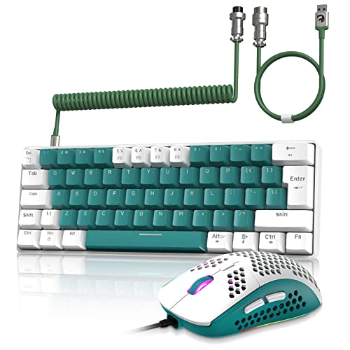 ZIYOU LANG RK-T60 Wired Mechanical Gaming Keyboard and Mouse Combo - Green | Portable with Rainbow Backlit, 62-Key, NKRO, Blue Switch; 6400 DPI, RGB Honeycomb Mice, Coiled Aviator Cable, for PS4/PC/WIN - color: Green, size: Keyboard + Mouse + Coiled Cable