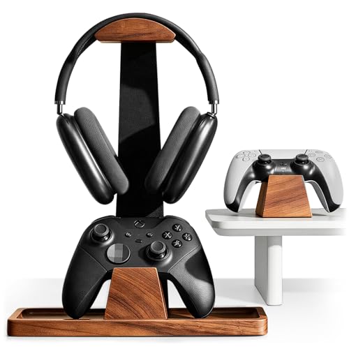 UPERGO Headphone and Headset Stand with Controller Holders for Gaming Desk | Solid Wood, Holds 2 Controllers, Storage Tray for Gaming Accessories, Compatible with PS5 and Xbox - color: Wood
