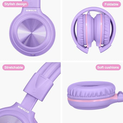SIMOLIO Kids Wired Headphones with Mic, USB C & 3.5mm, 3-Level Safe Volume, Share Port & Pouch, Stereo Sound& Passive Noise Cancelling, Foldable Over Ear Headsets for Tablet Kindle iPhone iPad Travel - color: Purple USB C&3.5mm