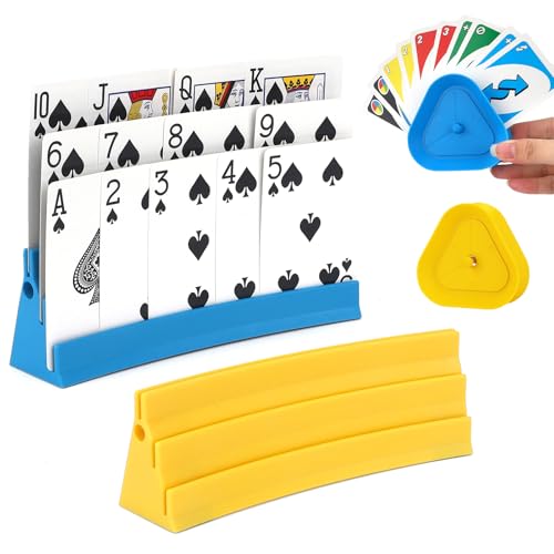 4-Pack Card Holder for Playing Cards 3-Layer Durable Storage Tray for Poker, UNO & Game Nights Travel-Friendly Organizer for Kids & Adults - color: Blue & Yellow