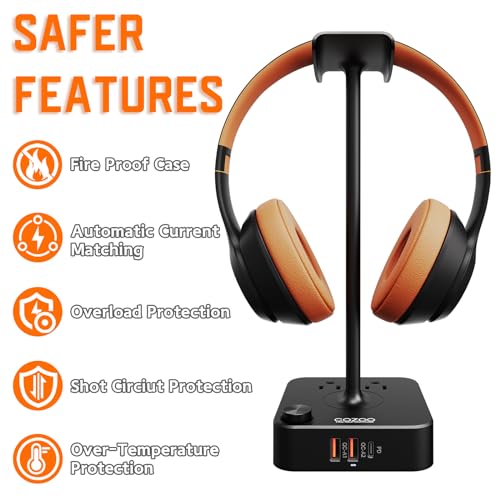 COZOO Headphone Stand with USB Charger Desktop Gaming Headset Holder Hanger with 3 USB Charging Station and 2 Outlets Power Strip,Suitable for Gaming, DJ,Wireless Earphone Display, Gamer Gifts for Men | Gaming Headset Stand Holder for Desk, 3 USB(1 USB C)