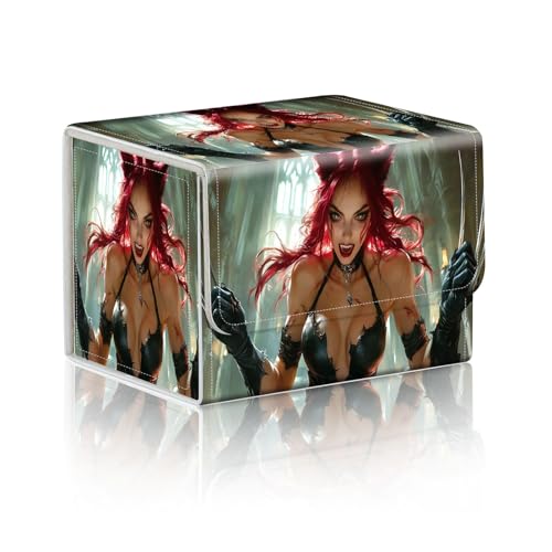 Trading Card Storage Box, Holds 100+ for MTG Cards, PU Leather with Magnetic Closure, Red Haired Feline Warrior Durable Deck Box for Magic the Gathering, Trading Card Games - color: Red Haired Feline Warrior