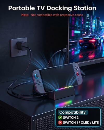 Switch 2 Dock with 60W Charger & HDMI Cable, 4K TV Docking Station for Nintendo Switch 2, All-in-One Game Accessories Set, Portable Travel Charging Stand Base, AC Adapter Power Cord