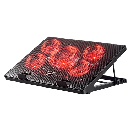 Kootek Laptop Cooling Pad Cooler Stand with 5 Quiet Fans for 12"-17" Laptop | 5 Fans, USB Powered, Laptop Cooling Stand with 2 USB Hub, 6 Adjustable Height, 360° Cooling Coverage, Anti-Slip, Red LED - color: Red