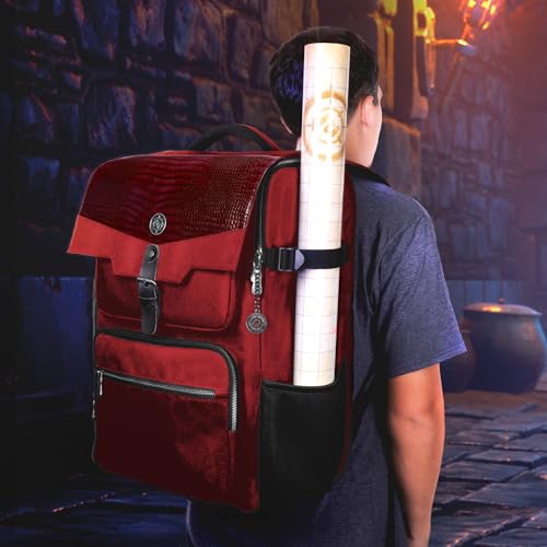 ENHANCE Collector's Edition DnD Backpack - RPG DM Bag for Dungeons and Dragons - DnD Bag fits 6-8 Books, 18" Laptop/DM Screen Slot, Miniature Foam Trays, Accessory Pockets, Map Strap (Dragon Red) - color: Dragon Red