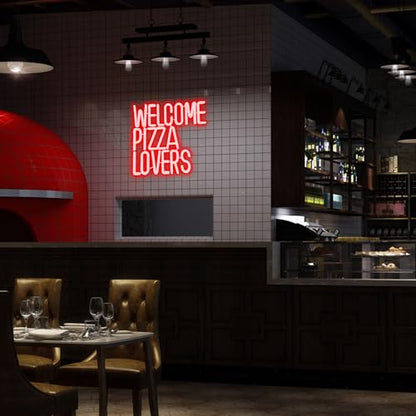 Welcome Pizza Lovers Neon Light, Red Dimmable LED Personalized Pizza Lovers Neon Sign, Family Restaurant Entertainment Room Food Theme Party Wall Neon Sign Decor Holiday Gift For Pizza Lovers, Children, Family (12.9*12.5in) - style: Pizza Lovers Red