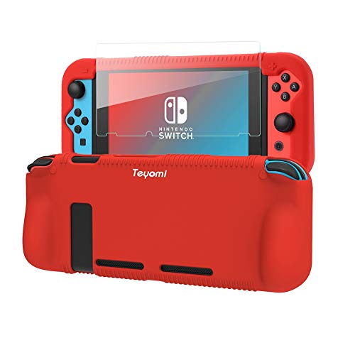 Teyomi Protective Silicone Case for Nintendo Switch, Grip Cover with Tempered Glass Screen Protector, 2 Storage Slots for Game Cards, Shock-Absorption & Anti-Scratch (Red) - color: Red