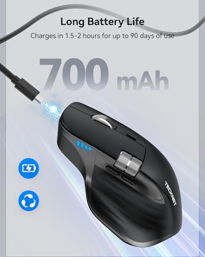 TECKNET Wireless Mouse, Bluetooth Mouse (BT5.3/5.0 & 2.4G) Rechargeable Ergonomic Optical Mouse with 6 Adjustable DPI, Side Scroll, Quiet Clicks, USB A Receiver, 7 Buttons, Wide Compatibility - Black - color: Black