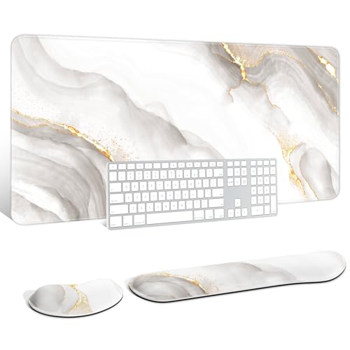 Auhoahsil Large Mouse Pad with Wrist Rests for Keyboard & Mouse, Thick Soft Ergonomic Memory Foam Wrist Supports, Big & Long Desk Mat 35.5 x 15.7 in, for Office Gaming Computer, White Gold Marble - color: White Gold Gray Marble