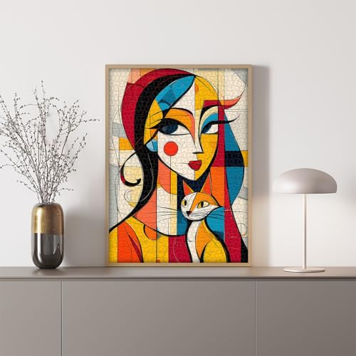 Abstract Art Puzzles for Adults 1000 Pieces, Women Cat Jigsaw Puzzles Modern Geometric, Unique Animal Puzzles Picasso Style - style: Abstract Puzzle