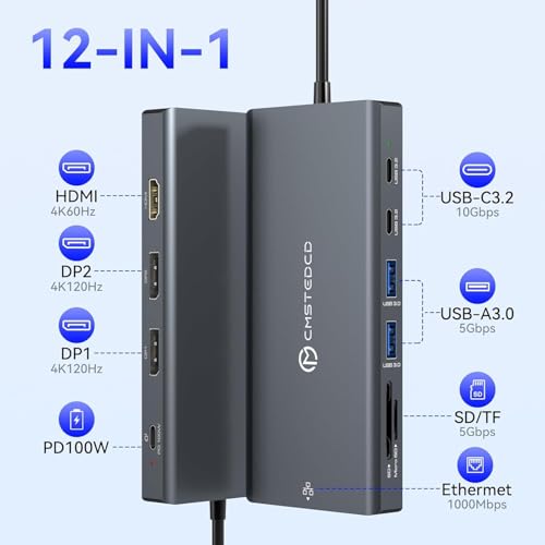 USB C Laptop Docking Station 3 Monitors with Dual DisplayPort 4K@120Hz and HDMI 4K@60Hz, 12 in 1 Thunderbolt Hub with USB A 3.0, USB C 3.2, Ethernet, SD, TF, PD 100W - size: DP+DP+HDMI