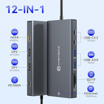 USB C Laptop Docking Station 3 Monitors with Dual DisplayPort 4K@120Hz and HDMI 4K@60Hz, 12 in 1 Thunderbolt Hub with USB A 3.0, USB C 3.2, Ethernet, SD, TF, PD 100W - size: DP+DP+HDMI