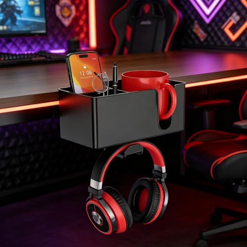 MYITYARD 4 in 1 Desk Cup Holder Clamp, Detachable Clip On Drink Holder with Rotating Headphone Hanger, Anti-Spill Desktop Organizer Pen Holder for Mug, Pen, Phone, Gaming Office Desk Accessories - color: Detachable Desk Cup Holder