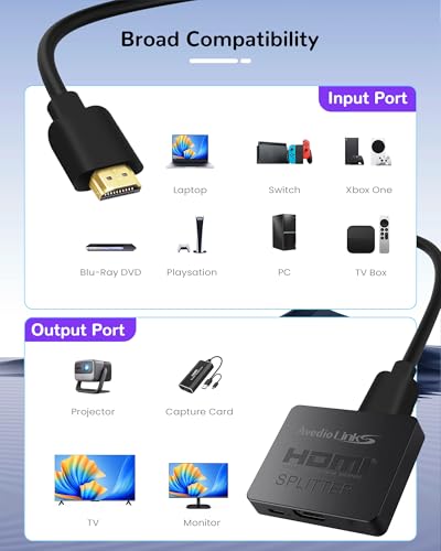 avedio links 8K HDMI Splitter 1 in 2 Out w/ 4ft 8K Hdmi Cable, Mirror Only | Not Extended Display, 4K@120Hz HDMI 2.1 Splitter for Monitor, TV, Support HDCP2.3, 48Gbps, VRR, ALLM, Dol-by Vision & Atmos