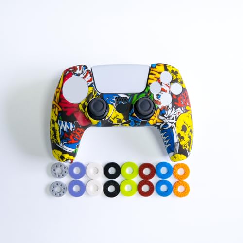 Silicone Case for PS5 Controller with 16Pcs Precision Rings, 3 Resistance Levels Aim Assist Motion Control Rings, Anti-Slip Protective Skin for DualSense Wireless Controller - Yellow Graffiti - color: Yellow Graffiti