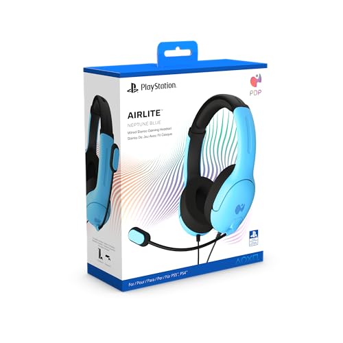 PDP AIRLITE Wired Stereo Gaming Headset, Officially Licensed by Sony PlayStation 5, PS5/PS4/PS3/PC, Lightweight Durable Headphones, 3.5mm Audio Jack, Noise-canceling Flip-to-Mute Mic, Neptune Blue - color: Blue, style: Wired