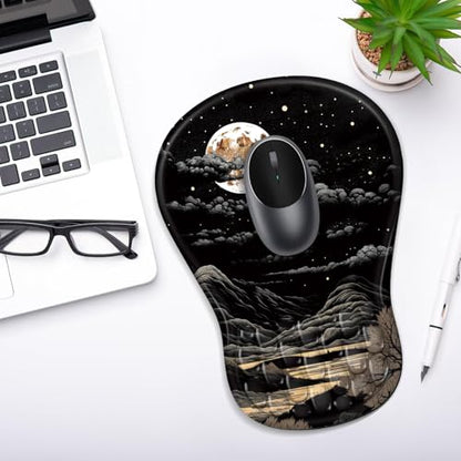 YIWEI Ergonomic Mouse Pad with Wrist Rest for Carpal Tunnel Pain Relief | Memory Foam Wrist Support,Non-Slip Rubber Base, Keyboard Computer Mousepad,Lycra Cloth Surface,Gaming Home Office - color: Moon