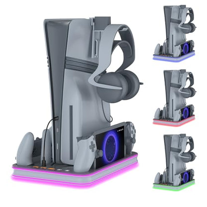 PS5 Pro Cooling Station, Portal Charger, Dual Controller Dock & RGB Lights | Magnetic Portal dock and dual controller chargers show status; set console USB power to Always for charging in rest mode - color: Gray